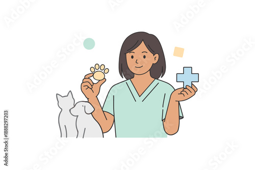 Female veterinarian with pets briefing on cat and dog care