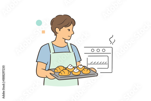 Young caucasian male baking croissants in kitchen with oven
