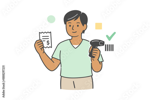 Young asian male cashier holding receipt and barcode scanner in retail setting