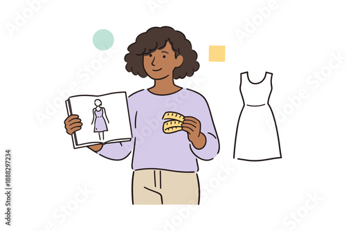 African female young fashion designer illustrating outfit ideas with sketchbook and tape measure