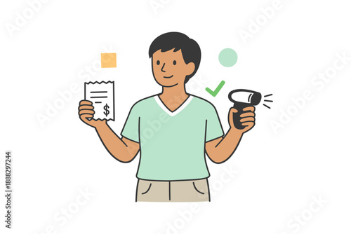 Young asian male holding receipt and barcode scanner in casual attire