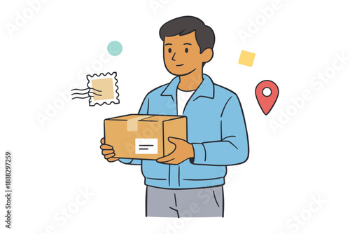Young asian male holding package with delivery icons