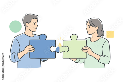 Young caucasian couple holding puzzle pieces in teamwork concept illustration