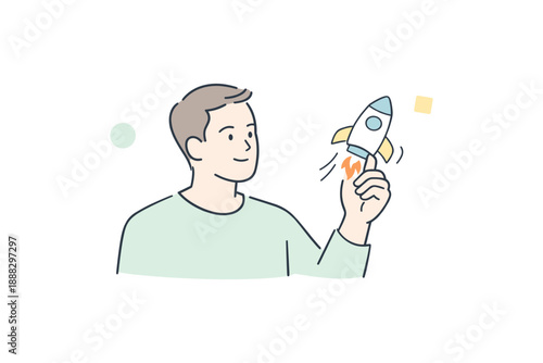 Young caucasian male holding mini rocket illustration