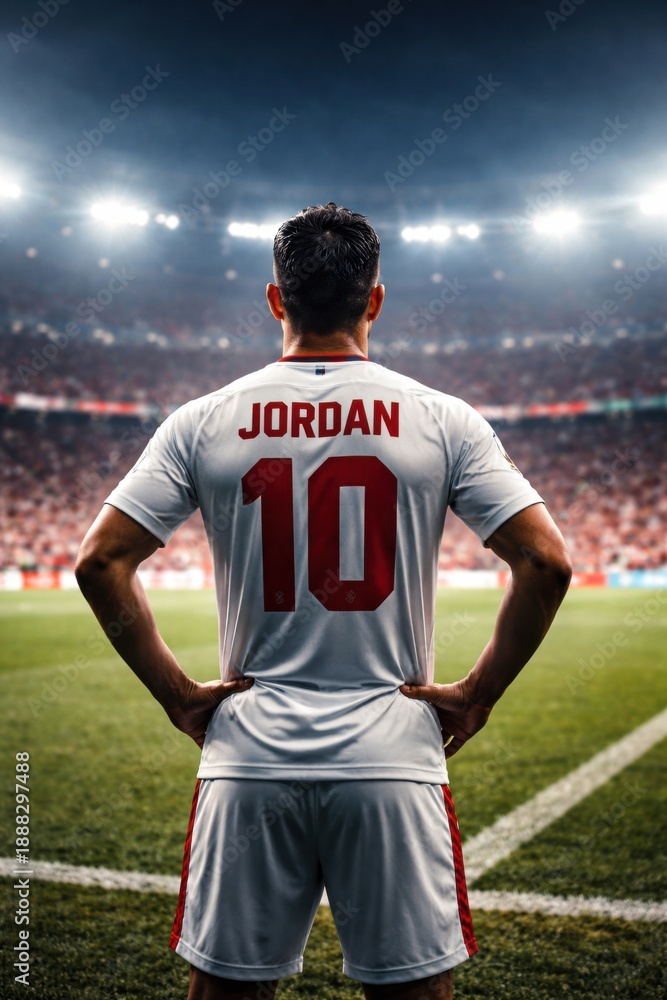 Fototapeta premium Back View of Jordan Football Player Under Stadium Lights