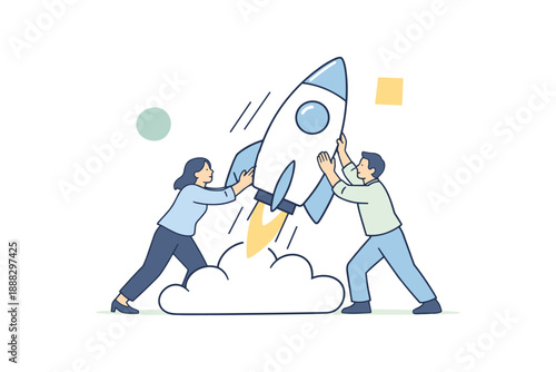 Cartoon caucasian adults launching rocket together in teamwork concept