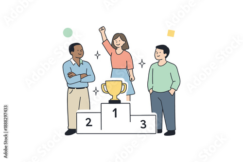 Diverse group celebrating success on podium with trophy