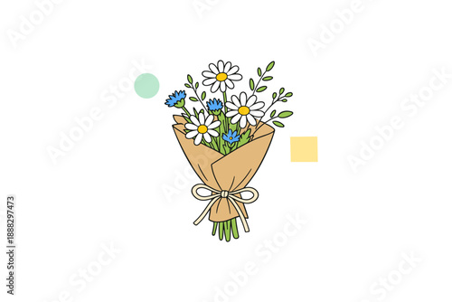 Colorful bouquet with daisies and cornflowers in brown paper wrapping