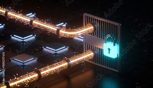 Secure api firewall illustration data pipeline flowing through locked gateway connected microchips network routing token authentication encryption for developers