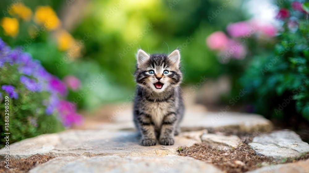 Obraz premium Tiny kitten walks along garden path surrounded by colorful flowers