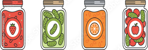 Colorful Fruit and Pickle Jam Jar Vector Illustration Set