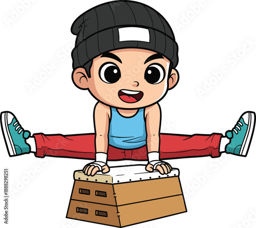 Cartoon gymnast performing straddle vault on gym box wearing beanie, tank top, wristbands, red pants, teal sneakers, cheerful pose