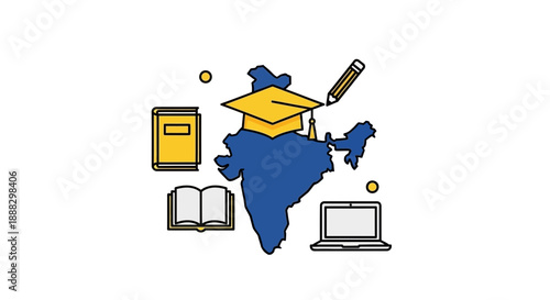 Vector illustration of indian education system, graduate cap on india map with books and laptop
