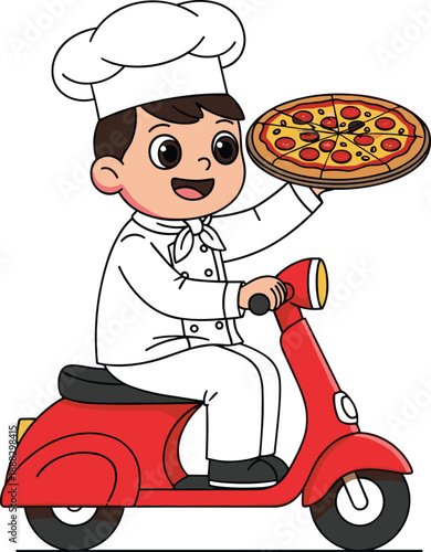 Cartoon pizza delivery man riding scooter with hot pepperoni pizza, chef hat, fast food service, restaurant courier concept
