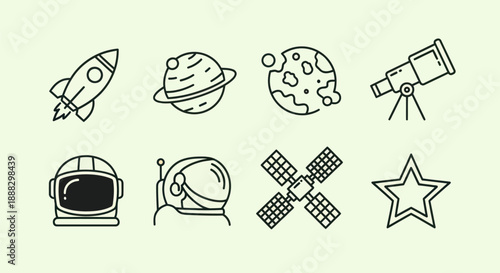 Space exploration icons rocket planets telescope astronaut and more