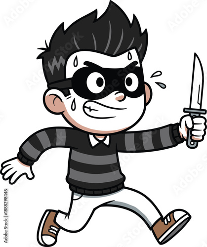 Cartoon thief character running with knife in hand, wearing mask and striped shirt, criminal action scene in vector illustration style