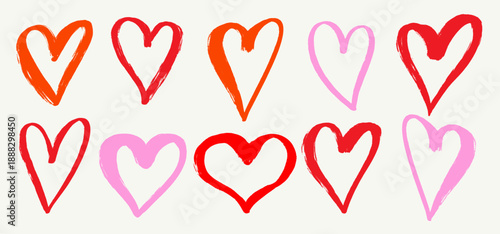 Set of hand drawn cute colored hearts in brush stroke style. Grunge contours heart shapes. Romantic vector design elements for Valentine’s Day cards, banners, posters, stickers, love decorations.