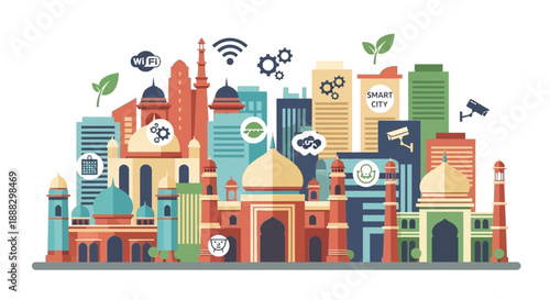 Vibrant Indian cityscape illustration featuring iconic landmarks in a vector style, showcasing India's modern architecture and technological advancements.