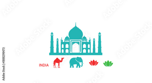 Vector illustration of Indian culture and landmarks, featuring the Taj Mahal, camel, elephant, and lotus flower in a minimalist Indian design