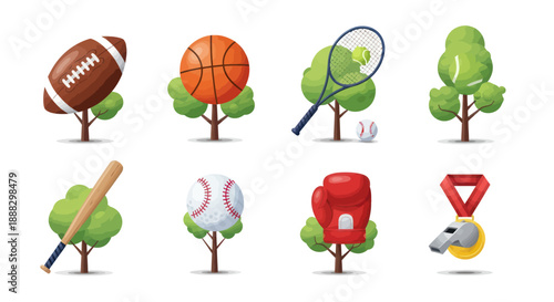 Sports equipment icons in green trees on white backgrounds for various concepts