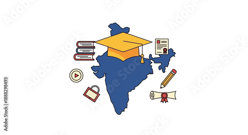 Vector illustration of Indian education system with graduation cap on India map, symbolizing learning and knowledge
