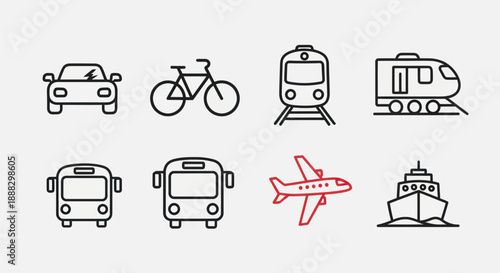 Transportation icons car bicycle train bus airplane and ship illustrations