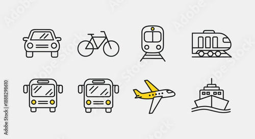 Transportation icons car bicycle train bus airplane and ship illustrations