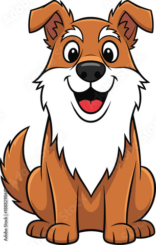 Happy cartoon dog sitting with tongue out, cute brown puppy illustration for kids, pet care, animal clipart, friendly character design