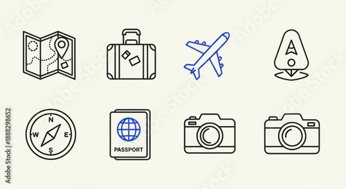Travel and journey icons map suitcase airplane compass passport camera