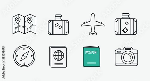 Travel icons map suitcase airplane compass passport camera vector illustration