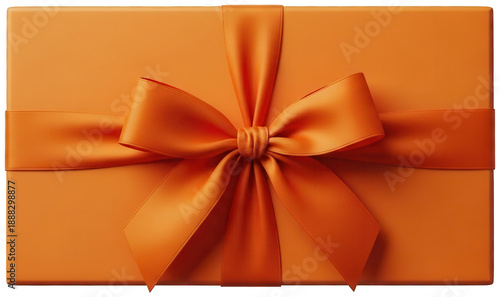 Vibrant orange gift box with matching satin ribbon and bow, top down view on a transparent background