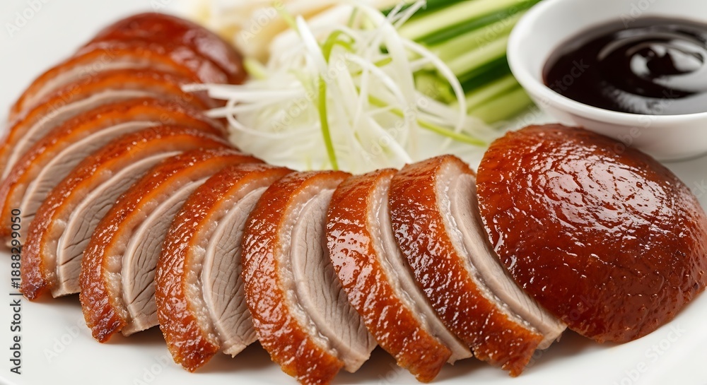 Fototapeta premium Crispy Peking Duck Slices Served with Hoisin Sauce and Garnish