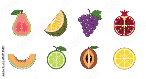 Variety of freshly cut fruits in a flat design on white background