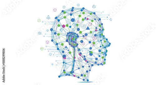 Abstract illustration of a human head outline formed by colorful interconnected dots and lines, with geometric shapes flying around, representing digital con...