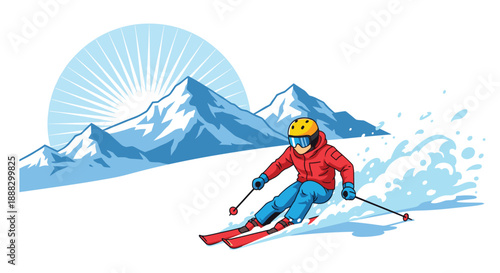 Dynamic illustration of a skier navigating a snowy mountain, kicking up powder, with majestic peaks and a radiant sunburst in the background, embodying winte...