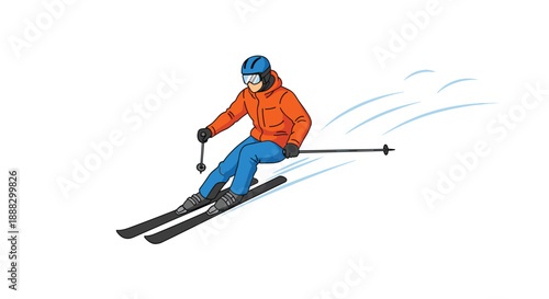 A lone skier gracefully descends a snowy slope, carving through fresh powder with ski poles extended, capturing the thrill and exhilaration of winter sports ...