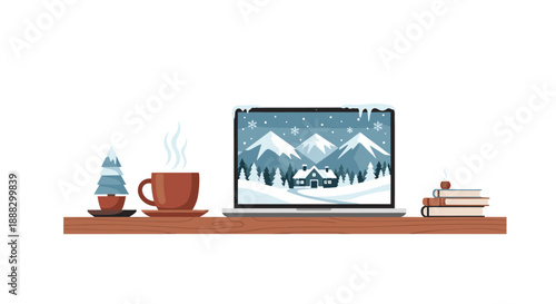Winter ambiance with a laptop displaying a snowy village scene, a warm cup of coffee, and stacked books on a wooden shelf, suggesting a peaceful, cozy atmosp...