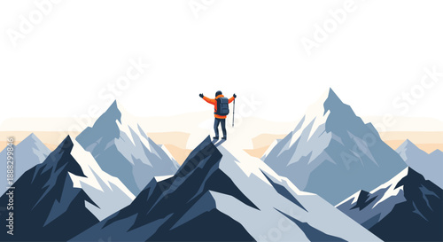 A triumphant mountaineer stands atop a majestic snow-capped peak, arms raised in celebration against a vast sky, symbolizing achievement, success, and the sp...