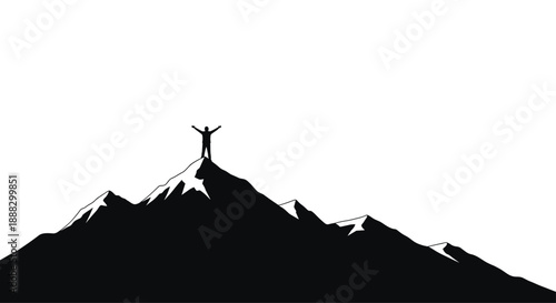 Silhouette of a person on a mountain peak with arms outstretched, representing accomplishment and the powerful feeling of reaching a challenging goal against...