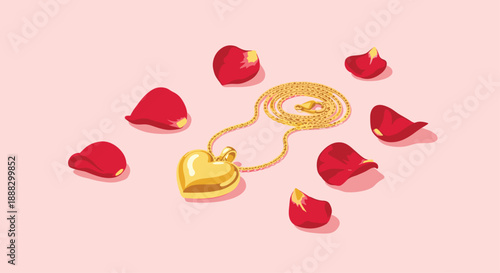 A golden heart-shaped locket necklace lies on a soft pink surface surrounded by vibrant red rose petals, evoking romance, love, and cherished memories in a d...