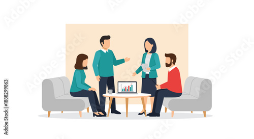 Diverse group of four professionals in a modern office meeting, standing and sitting around a coffee table with a laptop displaying charts, discussing busine...