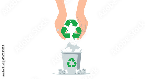 Hands holding a green recycling symbol above a trash can with crumpled paper, symbolizing waste management and environmental responsibility.