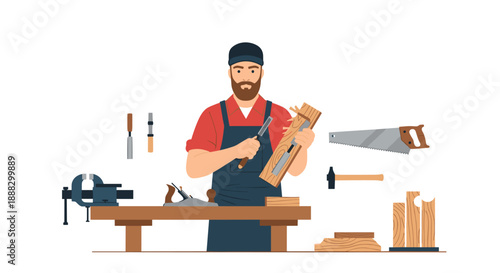 Carpenter working with wood at a workbench with tools like a saw, chisel, and vise, showcasing craftsmanship and woodworking skills.
