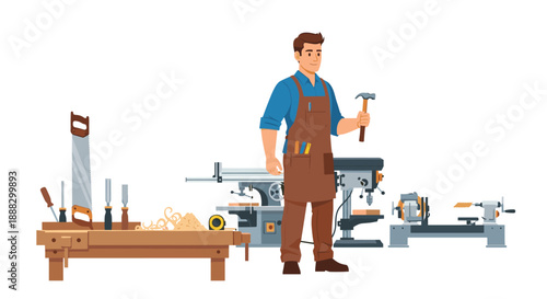 Woodworker with apron and hammer standing in a workshop with woodworking machinery like a table saw and lathe, demonstrating expertise in carpentry.