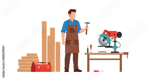 Woodworker with apron holding a hammer, standing near a miter saw, lumber stacks, and a toolbox, illustrating carpentry and construction.