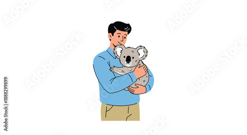 Gentle man holding a cute koala bear in his arms, a heartwarming moment of connection between human and wildlife, illustration on white background.
