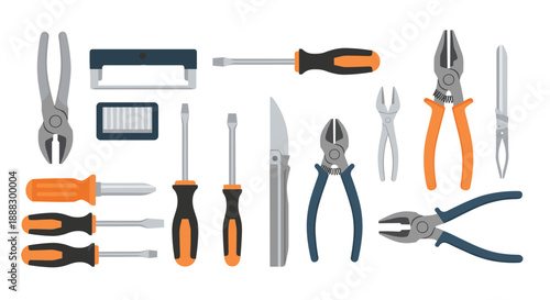 A diverse collection of various hand tools, including screwdrivers, pliers, cutters, and a utility knife, neatly arranged against a clean white background, p...