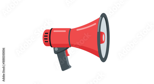 A red megaphone with a black handle and grey accents, presented in a clean, modern illustration style, ready to amplify any message or announcement.