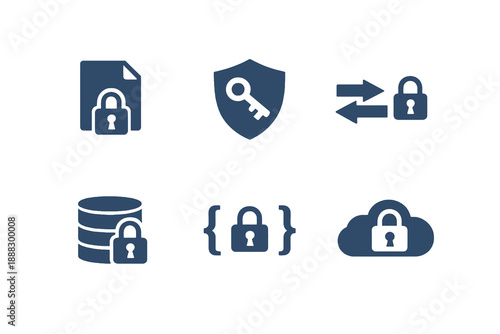 Data security icon set showing encryption, secure storage, and protected data transfer. Monochrome vector icons for cybersecurity dashboards, SaaS platforms, and enterprise tools.