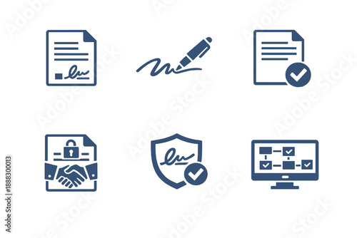 Digital contract icon set showing electronic signatures, secure agreements, and document workflows. Monochrome vector icons for legal tech apps, dashboards, and web platforms.